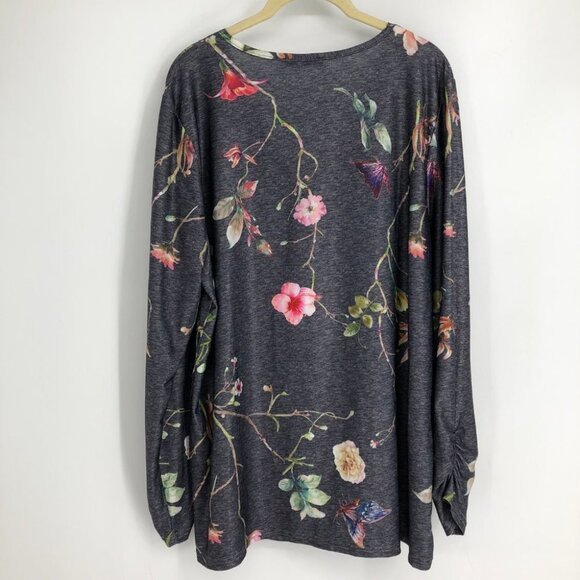 LoveU.Dear Black Heathered Floral Butterfly Print V-Neck Long Sleeve Blouse 1x - Picture 2 of 16
